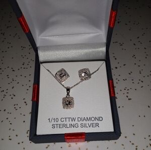 NWT - Sterling Silver Diamond Square Pendant & Stud Earring Set - White